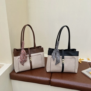 Large Capacity Tote Bag For Women Canvas PU Leather Stitching With Satin Scarf Metal Lock Retro Commuting Shoulder Bag