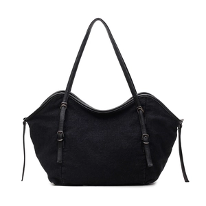 Retro black high-capacity tote bag with denim texture and decorative leather straps