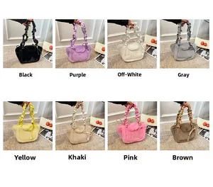 Collage of plush faux fur handbags in eight different colors with scrunchie style handles