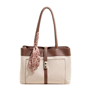 Retro canvas tote bag with color blocking, metal buckle and decorative paisley scarf