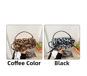 Detail of coffee and black leopard print plush handbags with ribbon bow decorations