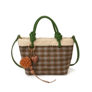 Plaid wool handbag with green leather handles and cozy faux fur trim for women