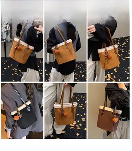 Detail shots showing suede tote bag with faux shearling trim and plush heart charms