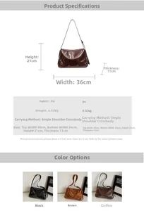 Detailed size chart for soft PU tote bag with dimensions 36x21x11cm and multi-color options