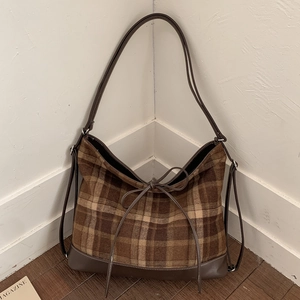 Retro brown checkered wool tote bag with leather straps and decorative bow detail