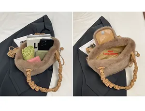 Detail of plush brown tote showing spacious main pocket interior and soft faux fur texture