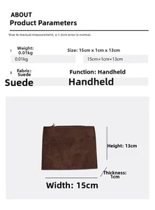 Tableau des tailles pour petit sac en daim marron avec rivets, dimensions 15x13cm