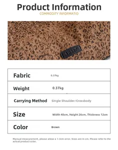 Detail view of leopard print fabric texture and specification chart for shoulder bag