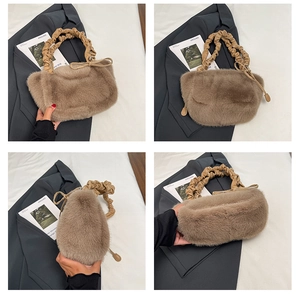 Detail view of khaki faux fur handbag with ruched leather cloud handle and side bow