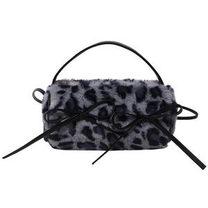 Chic grey leopard faux fur cylinder handbag with black decorative bows for women