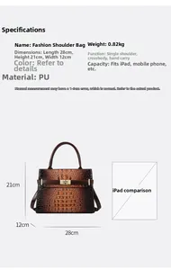 Detailansicht der braunen Kroko-Handtasche mit Maßen und iPad-Größenvergleich im Bild