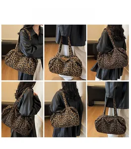 Collage of model carrying a high-quality leopard print canvas tote bag from multiple angles
