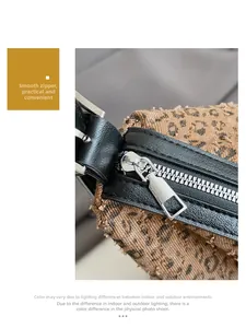 Macro shot of leopard print texture with silver zipper and black leather trim detail