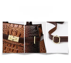 Nahaufnahme der braunen Krokodilledertasche mit goldenem Verschluss und Trageriemen