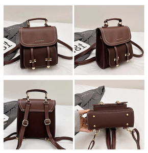 Detailansichten eines braunen Vintage-Rucksacks mit Kontrastnähten und Metallbeschlägen