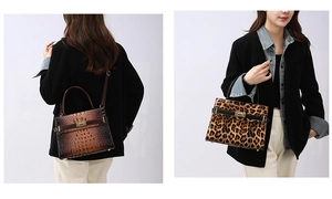 Detailansicht der braunen Tragetasche mit Krokodilmuster und Umhängetasche mit Leopardenprint