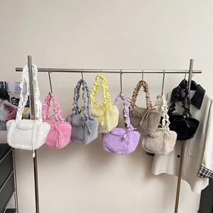 Women Faux Fur Plush Handbag With Ruched PU Handle Bow Tie Decor Trendy Winter Shoulder Crossbody Bag For Girls