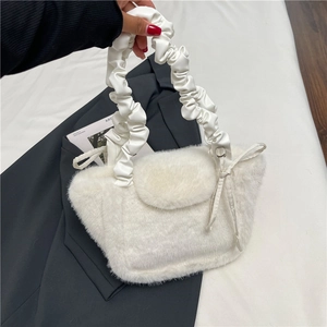 Winter fluffy white plush handbag with ruched PU handle and decorative side bow detail