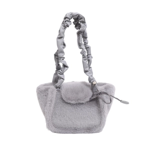 Grey plush faux fur handbag for women with pleated PU shoulder strap and flap closure