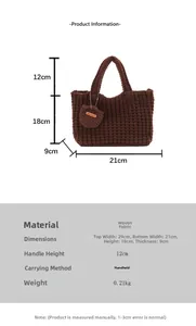 Detailed size chart for the dark brown handmade woven bag with crochet texture and dimensions