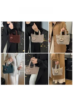 Detail of handmade crochet tote bags in earth tones with heart charm and model display