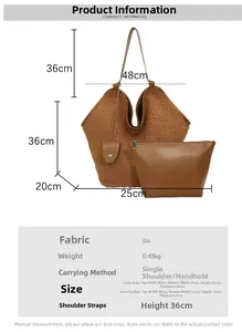 Detailed size chart for large tote bag and inner pouch with dimensions in centimeters