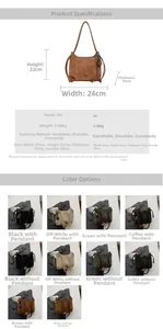 Detailed size specifications and color options for the vintage PU shoulder bag