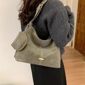 Retro grey-green shoulder bag with contrast stitching and matching mini coin purse