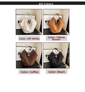 Detailed view of large plush tote bags in beige, brown, dark coffee, and black options