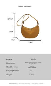 Detailed size chart for retro suede dumpling bag showing dimensions and adjustable strap