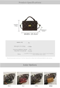 Detailed size chart and multi-color selection of quilted PU leather crossbody bags