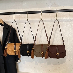 Vintage French Saddle Bag PU Leather Suede Texture Single Shoulder Crossbody Bag With Tassel Pendant For Women Retro