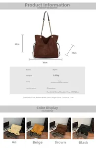 Detailed size chart and multi-color wool blend tote bags with chain straps