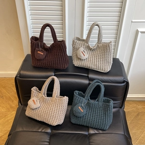 Handmade Woven Handbag Cotton Thread Knit Underarm Bag Solid Color Retro Casual Tote With Charm For Women