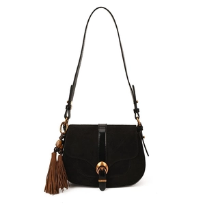 French vintage saddle bag in black matte suede with gold metal buckle and tassel