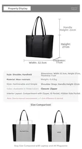 Tableau des tailles détaillé pour sac cabas en cuir noir avec dimensions et capacité