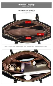 Internal view of large black leather tote bag with multi-layer storage compartments