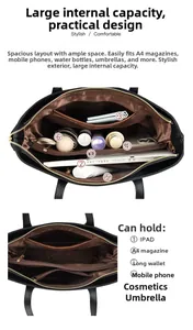 Vue intérieure du cabas en cuir noir avec compartiments pour iPad et magazines A4