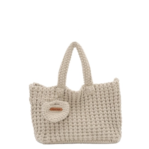 Handmade beige crochet underarm bag with heart pendant and wooden Hand Made tag
