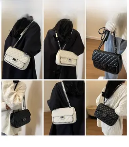 Multiple views showing the black and beige quilted chain crossbody bag on a model