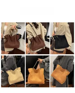 Collage of model wearing vintage drawstring bucket bags in various colors and styles