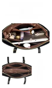 Interior view showing large capacity and multi-layer storage of the black leather tote bag