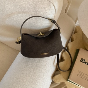 Minimalist dark coffee leather underarm bag with gold metal lock and shoulder strap