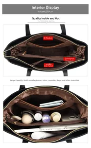 Vue intérieure du sac cabas noir montrant la doublure marron et les poches multifonctions