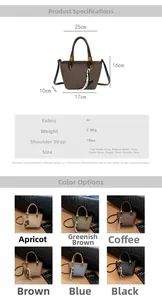Detailed dimension chart and multi-color view of a textured PU leather trapezoid handbag