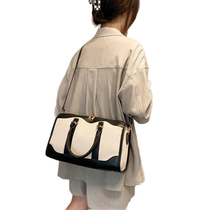 Minimalist large capacity canvas and leather Boston bag with chic contrast design