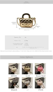 Detailed view of mini quilted tote bag specifications and six available color variants