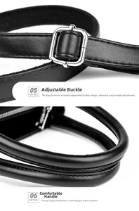 Détail de la bandoulière réglable en cuir et de la poignée épaisse du sac fourre-tout noir
