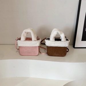 Winter Suede Bucket Bag With Faux Fur Trim Korean Style Shoulder Crossbody Handbag For Women