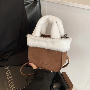 Winter faux fur plush bucket bag in brown suede with adjustable crossbody strap